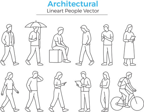 Set of line art people figures in different poses walking standing sitting business casual lifestyle vector illustration