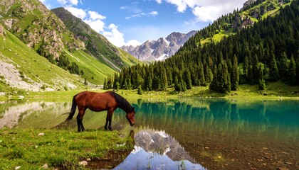 Horse by a mountain lake