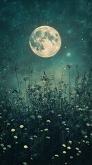 Full Moon Over Meadow at Night with Glowing Sky