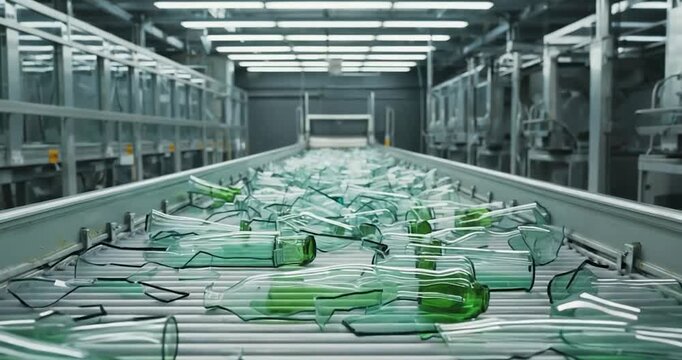 Broken glass bottles on conveyor belt