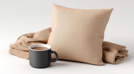 Cozy scene with a mug, blanket, and pillow