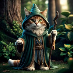 cute young cat with green eyes and dressed in green wizard clothes stands in a forest for Halloween