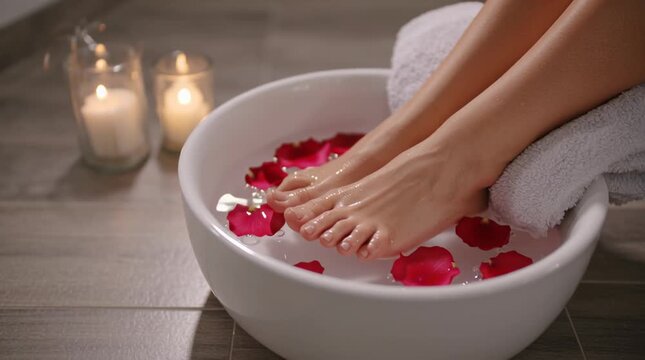 Relaxing Foot Soak Spa Ritual with Rose Petals and Candlelight in White Ceramic Bowl