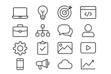 Set of 16 minimalist line icons for technology, business, communication, and marketing