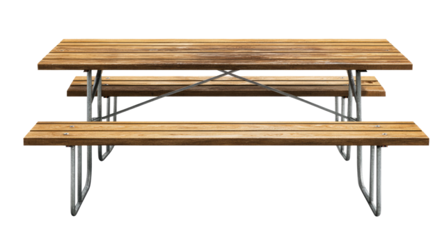 Wooden picnic table with two benches