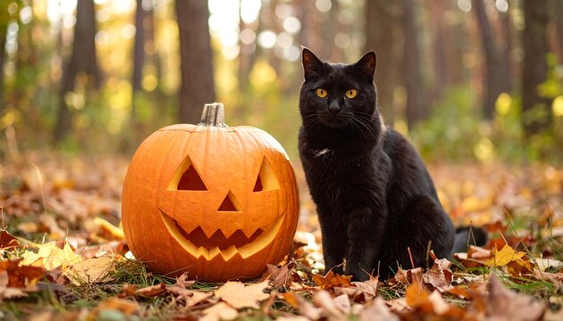 Black cat and pumpkin jack-o'-lantern in autumn forest