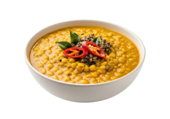Yellow-orange Sri Lankan dhal curry, creamy, tender lentils, garnished, in a light ceramic bowl on a transparent background, shadowless, concept for food advertising.