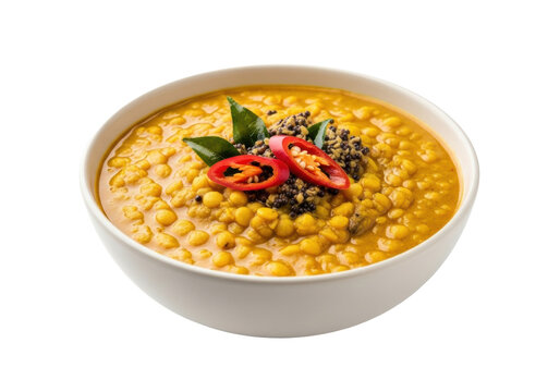 Yellow-orange Sri Lankan dhal curry, creamy, tender lentils, garnished, in a light ceramic bowl on a transparent background, shadowless, concept for food advertising.