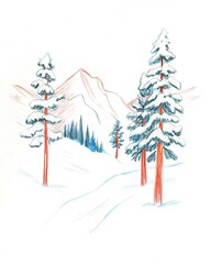 Crayon sketch of snowy mountain forest with pine trees