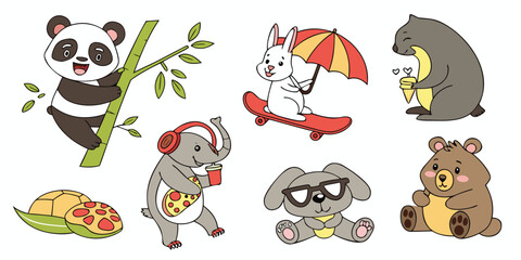 Obraz premium Cute cartoon animals enjoying various activities like skateboarding and eating pizza