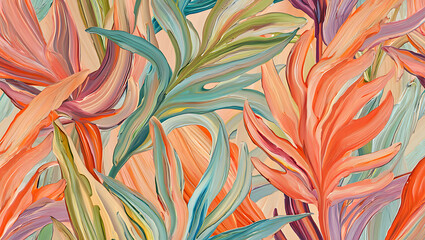 Vibrant tropical foliage painted with thick brushstrokes leaves
