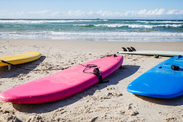 Colorful surfboards resting on sandy beach by ocean waves.