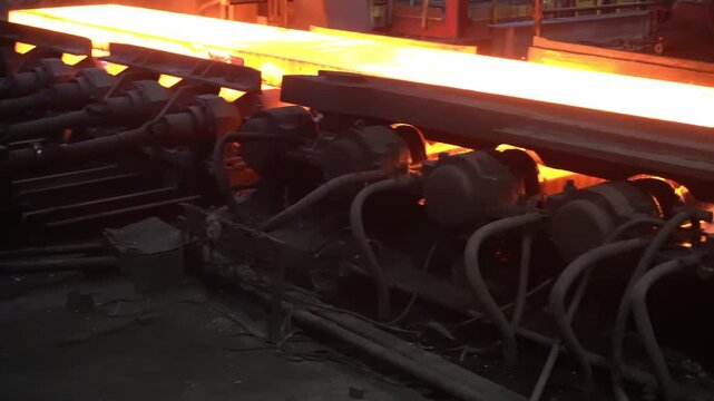 Heavy metal slabs move along rollers in a hot rolling mill.