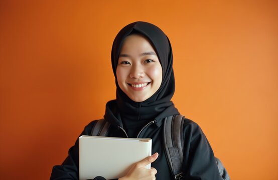 Smiling Asian female student in hijab holds books and backpack against orange background. Represents education, youth, and modern learning. Ideal for academic or lifestyle content.