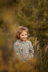 Smiling child girl framed by autumn leaves standing in the tall grass.