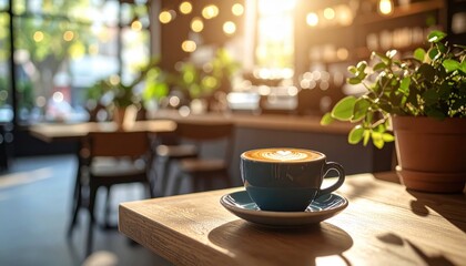 Fototapeta premium Latte Art in a Blue Cup on a Wooden Table with Cafe Ambiance