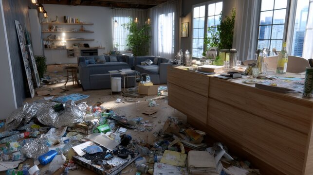 Cluttered modern living room with overflowing trash and disarrayed furniture