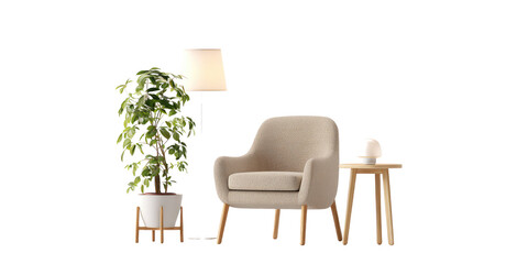 Beige armchair, lamp, plant, and side table in a room