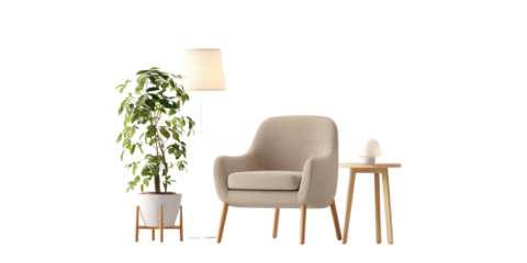 Beige armchair, lamp, plant, and side table in a room