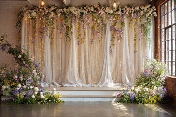 Floral backdrop with sheer curtains and lights, set on a small stage