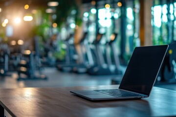 Fototapeta premium Laptop in Modern Gym: Fitness and Technology