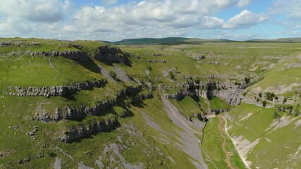 Aerial Drone View of Gordale Scar Limestone Gorge Yorkshire Dales