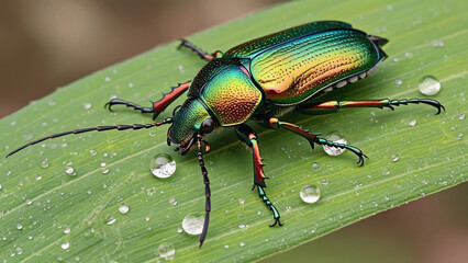 A close-up highly detailed illustration of a shiny beetle illustration. Ai generated.