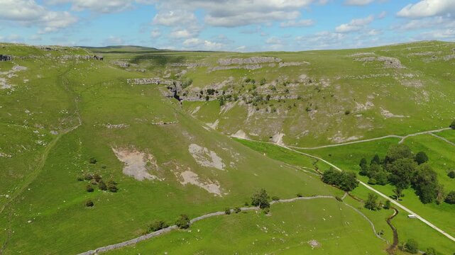 Aerial Drone View of Gordale Scar Limestone Gorge Yorkshire Dales