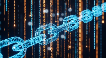 Glowing Blue Chain Links with Digital Binary Code Falling blockchain technology