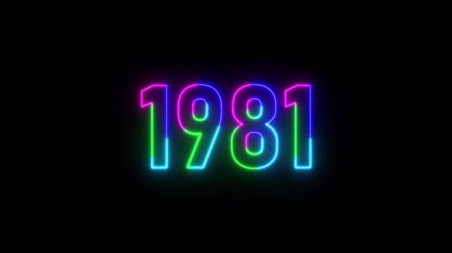 1981 neon line text. Abstract 1981 neon text animation ,For neon color Glowing neon number text background 4k video animation .Digital font against a dark background with neon line looping animation.