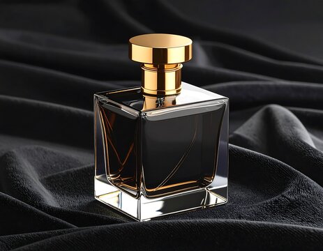 Square dark perfume bottle with gold cap on black fabric