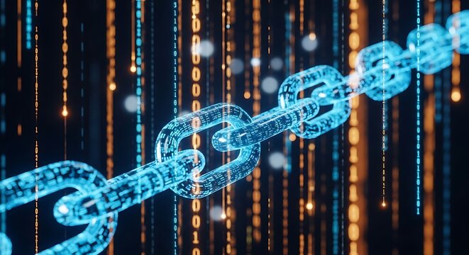 Glowing Blue Chain Links with Digital Binary Code Falling blockchain technology