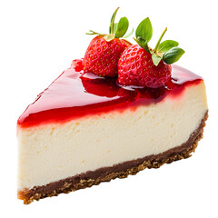 slice of cheesecake with red strawberry topping isolated on white background