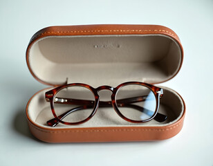 Tortoiseshell eyeglasses rest in open brown leather case. Elegant accessory features minimalist design with classic round frames, clear lenses, perfect for everyday vision correction fashion