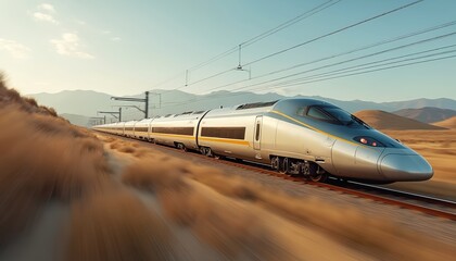 High-speed train traveling on tracks through scenic desert landscape. Modern train features sleek silver design with yellow accents. Motion blur conveys speed, dynamic movement against backdrop of