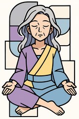 Peaceful elder woman meditating serenely, embodying tranquility and inner calm in a stylized setting
