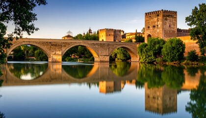 Ancient stone bridge spanning calm river, reflecting buildings and towers at sunset