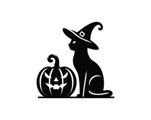 Spooky Silhouette Halloween Black Cat with Jack o