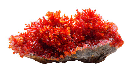 Crocoite raw crystal formation, vibrant red acicular crystals, delicate natural cluster, isolated on Transparent background