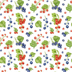 Seamless watercolor pattern with currant berries and leaves. Clusters of red and black currant berries on a branch. Botanical ornament, juicy print for kitchen textiles, wallpaper, fabric, packaging.