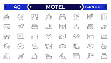 Motel outline icon set. Hotel icon set. Hotel services related line icons: room, rental, reservation, hotel booking, parking, bellboy, breakfast, travel, vacation, holiday and more.