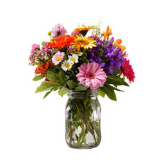 Vibrant bouquet of mixed flowers in a mason jar