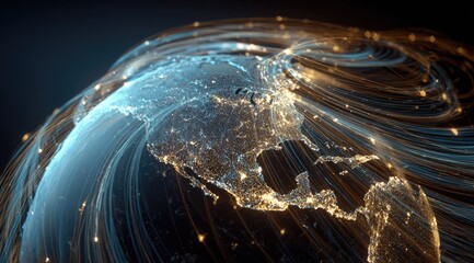 Illuminated globe with swirling light trails, showcasing North and Central America