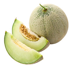 A whole single galia melon isolated on a transparent background
