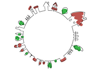 街並みの丸フレームイラスト