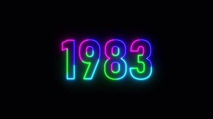 1983 neon line text. Abstract 1983 neon text animation ,For neon color Glowing neon number text background 4k video animation .Digital font against a dark background with neon line looping animation.