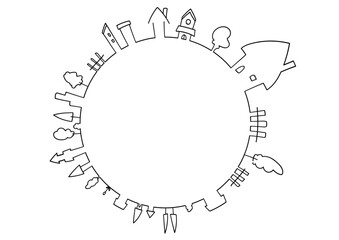 街並みの丸フレームイラスト