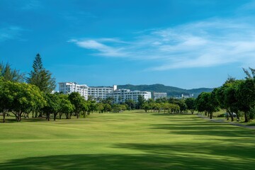 Lush green golf course fairway with distant buildings under a bright blue sky