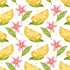 Exotic seamless pattern with blooming lemon fruits. Watercolor background with citrus slices and flowers. Bright print for fabric, kitchen, or wallpaper.