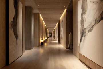 Long, dimly lit hallway with wood floors and artwork